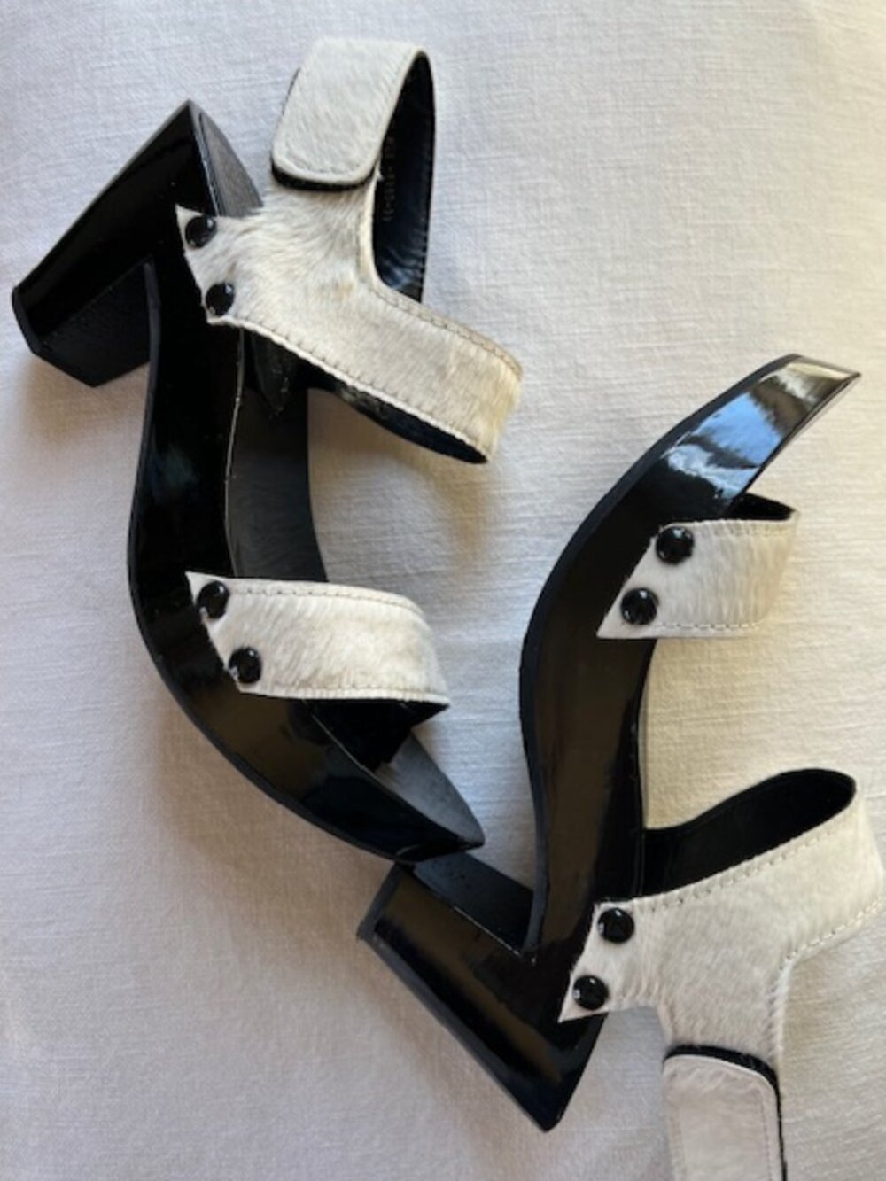 Pedro Garcia Black and White Patent Leather Block Heel Mules